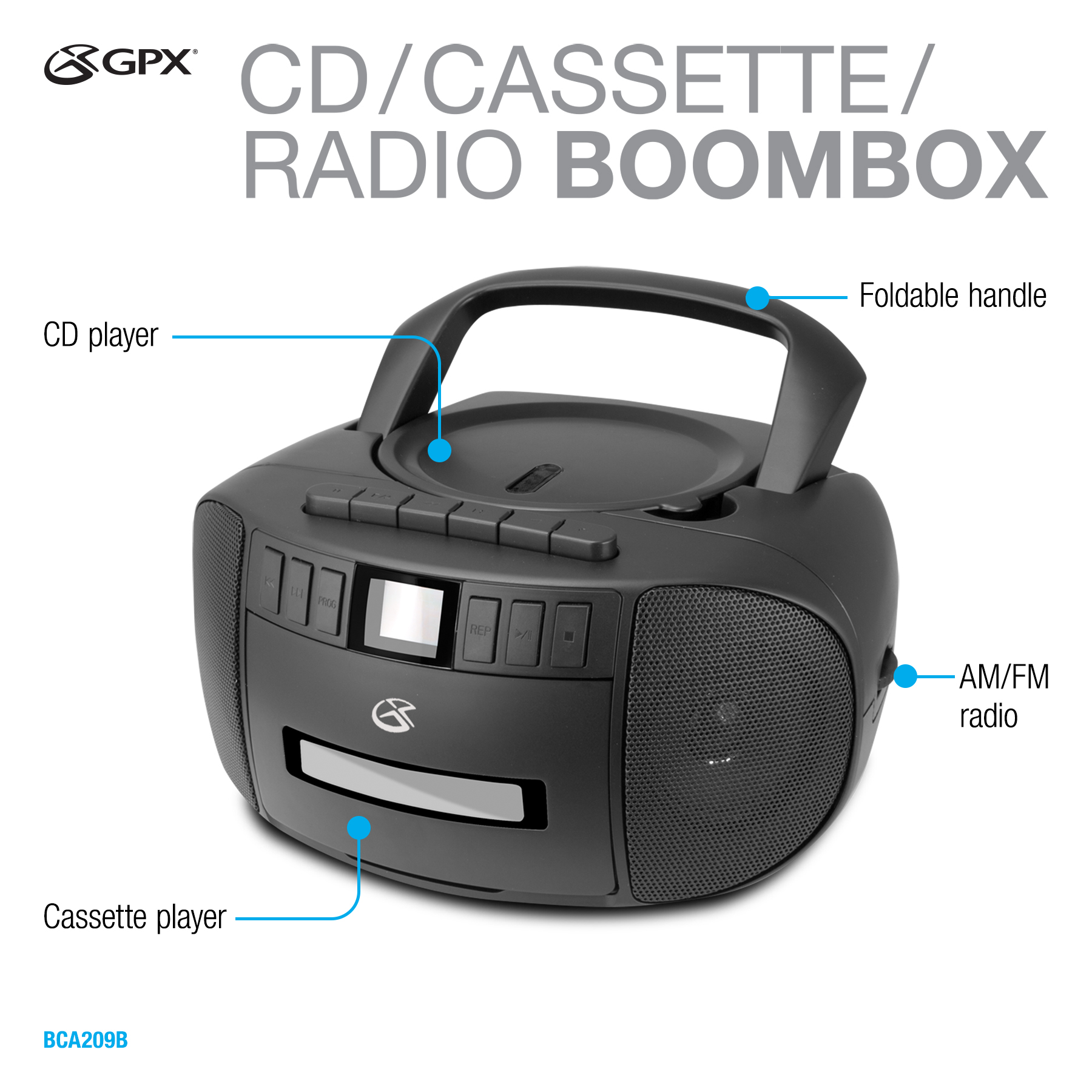 GPX Cassette/CD/Radio Boombox, Black photo 5