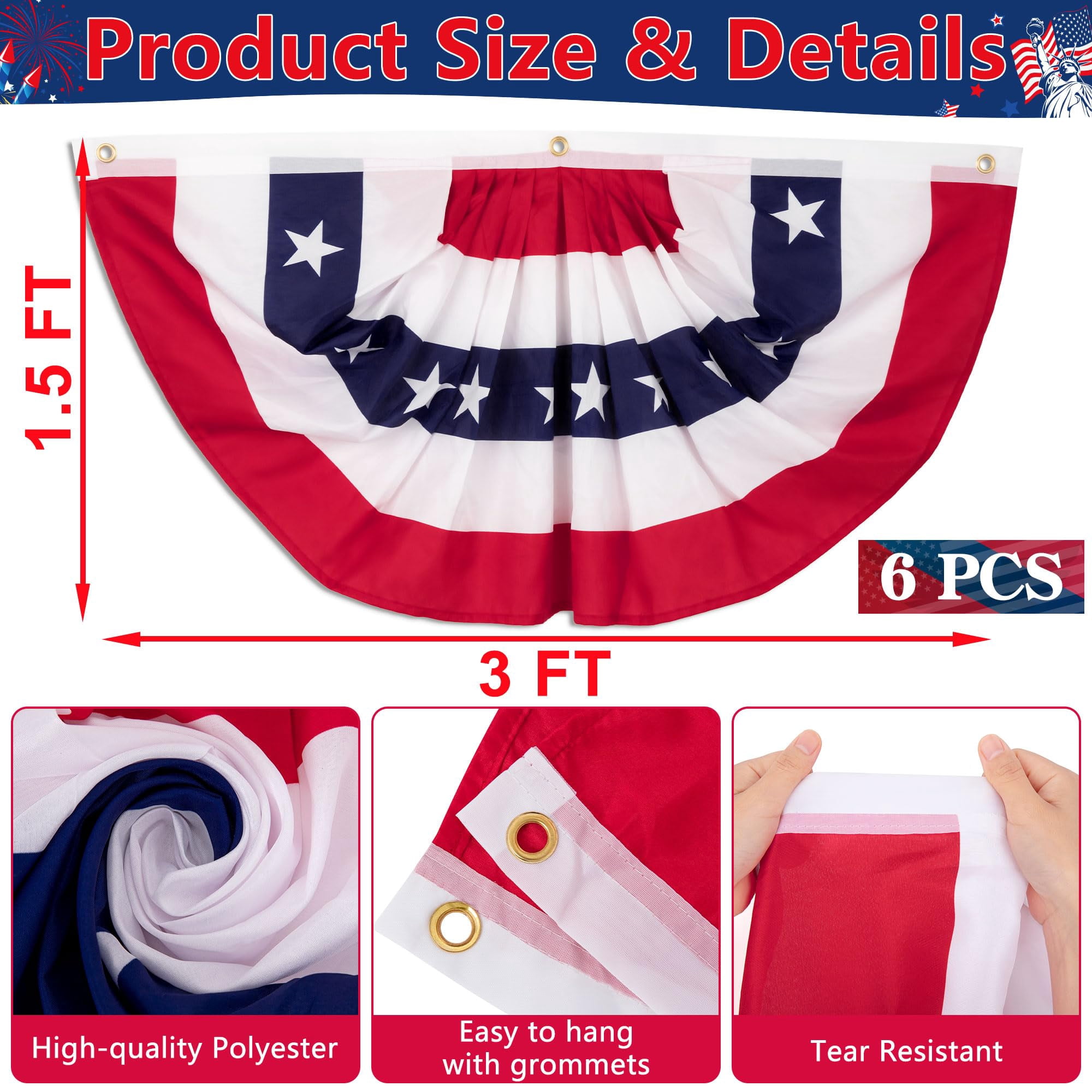 4 PCS 4th of July Decorations, 1.5 x 3 FT USA Pleated Fan Flags, Patriotic Bunting Decor American Flag Banner Fourth of July US Half Fan Flags Independence Day Memorial Day Outdoor Home Decor