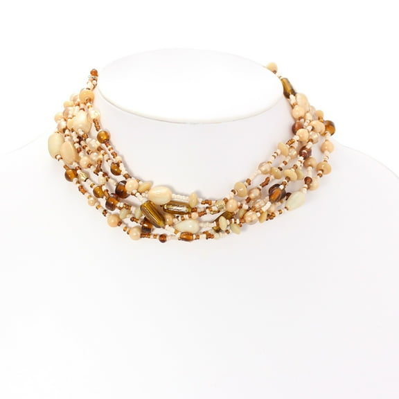 TAZZA WOMEN'S CREAM AND BROWN SEED BEADS MULTI LAYERED CHOKER NECKLACE