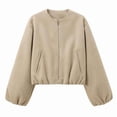 thumbnail image 3 of Women Cropped Jacket Casual Zip Up Varsity Jackets Trendy Outwear Coats with Welt Pockets Khaki M, 3 of 7