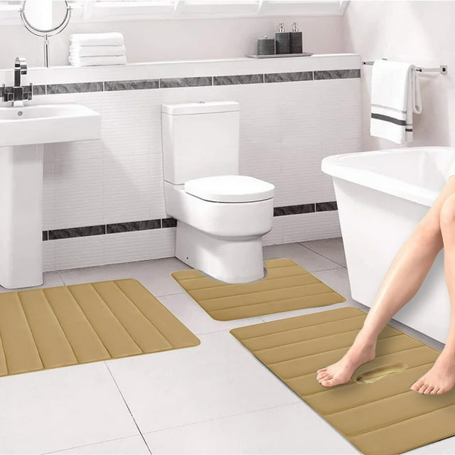 Meitianfacai Ultra Soft Memory Foam Bath Mat Ensemble, Bathroom Rugs for 3 Pieces, Toilet Mats, Cozy, Water Absorption, Non-Slip, Thick, Machine Washable, Quick Drying