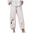 thumbnail image 2 of Solid Color Straight Leg Pants for Women Elastric Waist Tulip Hem Capri Pant with Pockets Loose Feather Printed Casual Pant, 2 of 5