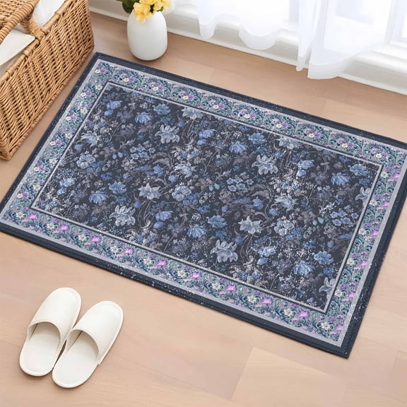 Navy Blue Floral Boho Entryway Rug 2'x3'  Non Slip Front Door Mats, Ethnic Tribe Abstract Art Flower Entrance Rugs Indoor Outdoor Carpet, Washable Floor Mats Small Area Rug for Bedroom Kitchen