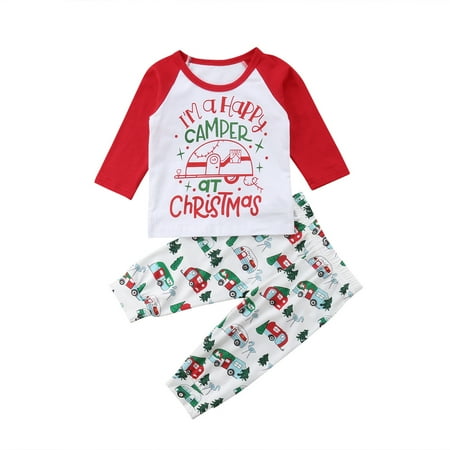 

Newborn Baby Boys Girls Christmas Outfit Long Sleeve Tops + Raglan Letters Print Shirt Xmas Trees Cars Pants Set 2PCS