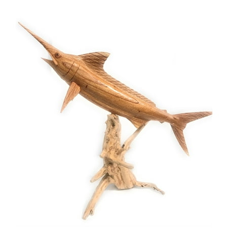 Carved Wood Bass - Blue Marlin Hand Carved On Drift Wood Base - Island Art | #ton03