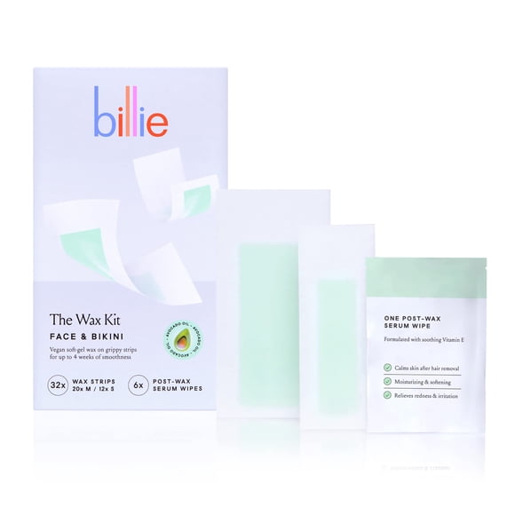 Kit de depilación Billie para rostro y bikini con 32 bandas y 6 toallitas sérum