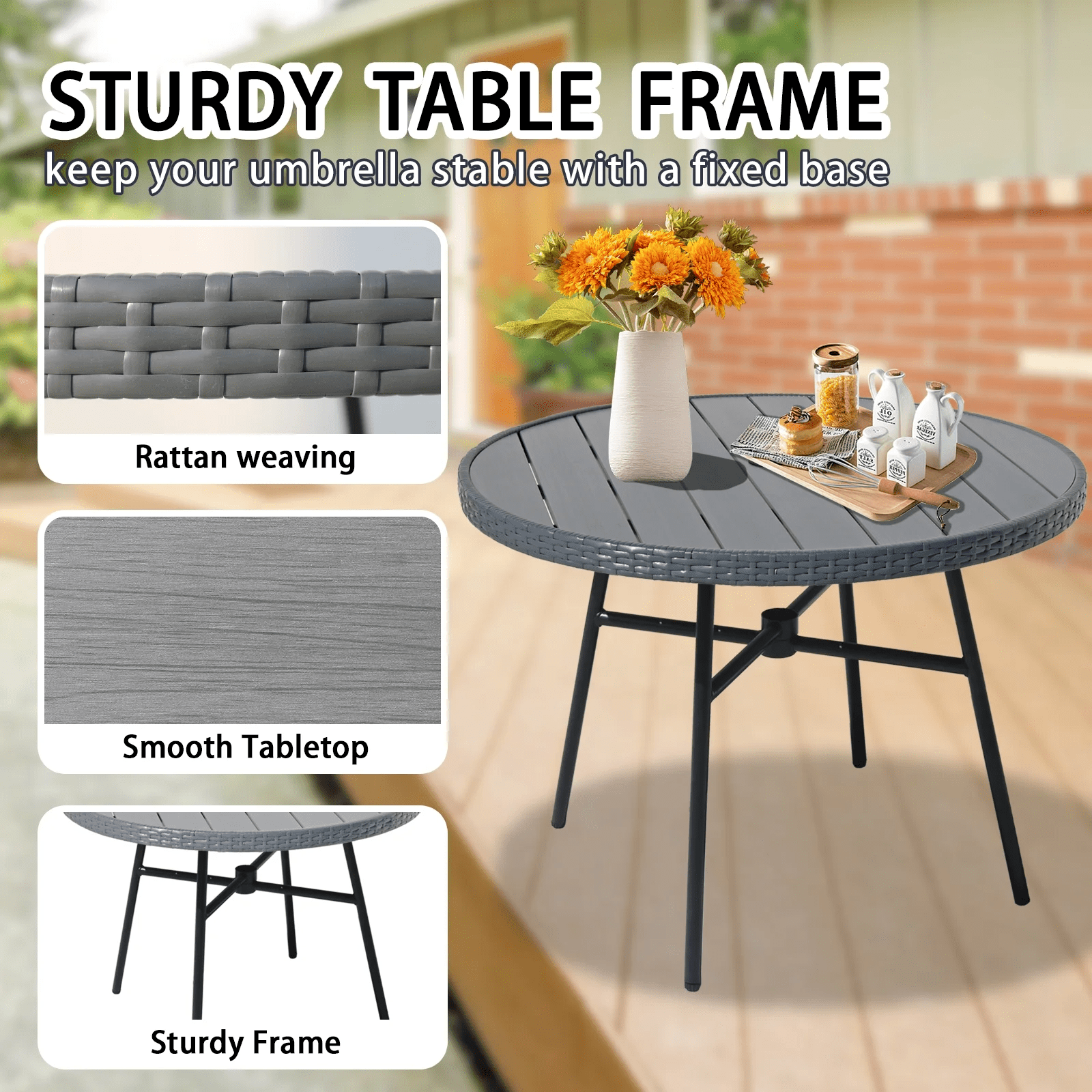 Outdoor Patio Round Dining Table, 36.8" All-Weather Plastic Wood Slatted Top with Adjustable Umbrella Hole, Ideal for Deck Lawn Garden Backyard, Seats 4-6