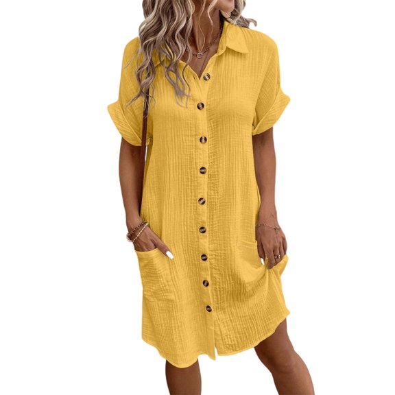 Breathable Short Sleeve Lapel Neck Cotton Dress Women Casual Loose Beachwear with Pockets