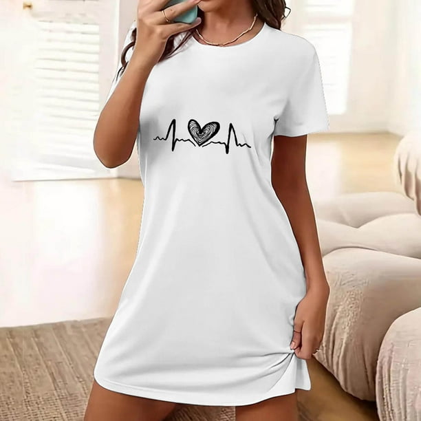 Camisón corto extragrande para mujer, estampado, cuello redondo y manga corta, de poliéster.