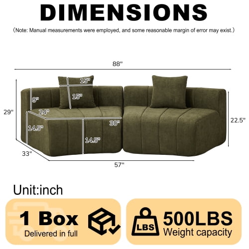 Chenille Symmetrical Modular Sectional Sofa with 2 Pillows, Curved Piano Key Seat Design, No Assembly Cloud Couch for Living Room, Bedroom, Office & Lobby