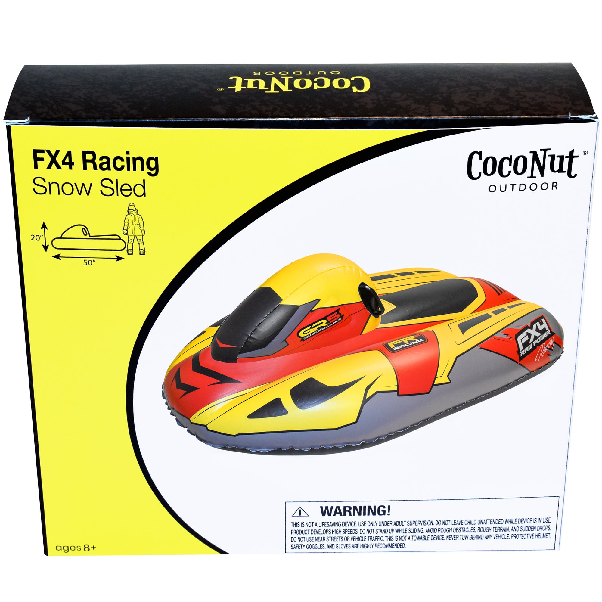 CocoNut Outdoor: FX4 Racing Snowmobile Sled - Yellow & Red, 50x20" Inflatable Toboggan, Cold Resistant PVC, Outdoor Tube, 200lb Cap, Kid-Teen-Adult 8+