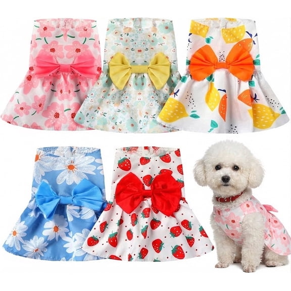 5 Pack Sweet Bowknot Puppy Dresses, Cute Floral Princess Pet Clothes for Dogs & Cats, Summer Spring Holiday Birthday Outfits (M)