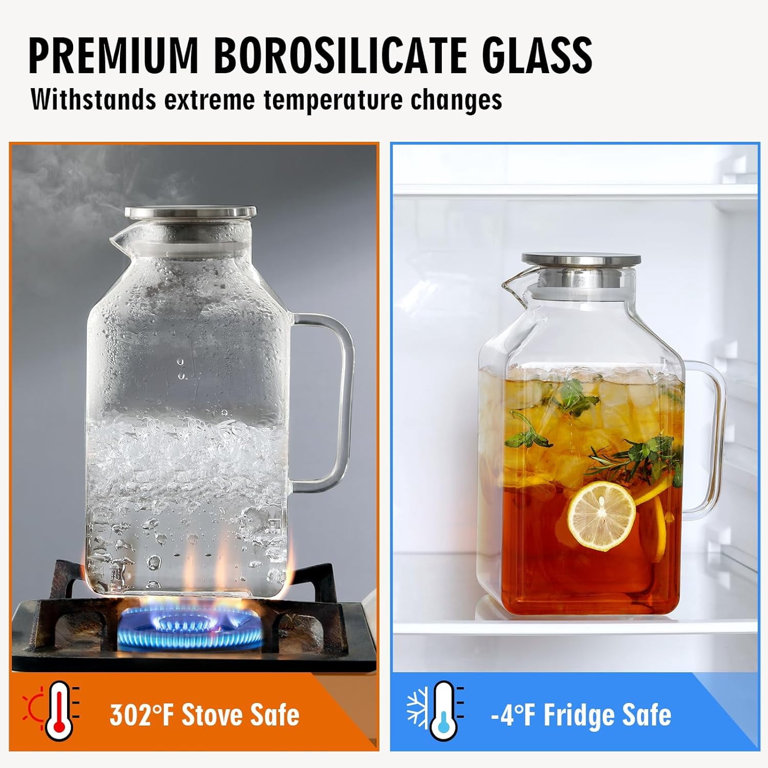 1 Gallon Square Glass Pitcher with Lid and Spout Borosilicate Glass Carafe for Hot/Cold Drink Water Pitcher with Handle for Fridge Large Jug for Iced Tea Coffee Juice Beverage