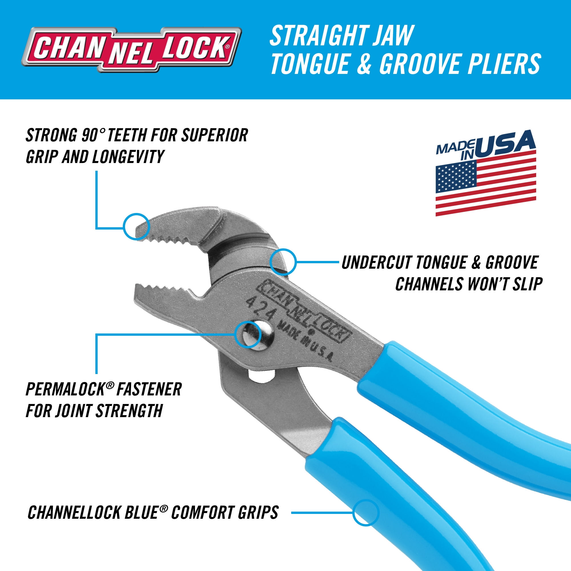 CHANNELLOCK 4.5-inch Straight Jaw Tongue & Groove Pliers, .5-inch Jaw Capacity, Made in USA (424)
