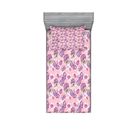 Ambesonne Floral Fitted Sheet & Pillow Sham Set, Butterfly Cartoon Style, Twinxl, Pale Pink Lavender