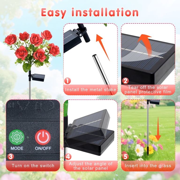Qoosea Solar Rose Lights, 2 Pack 7 Head Red Flowers photo 7