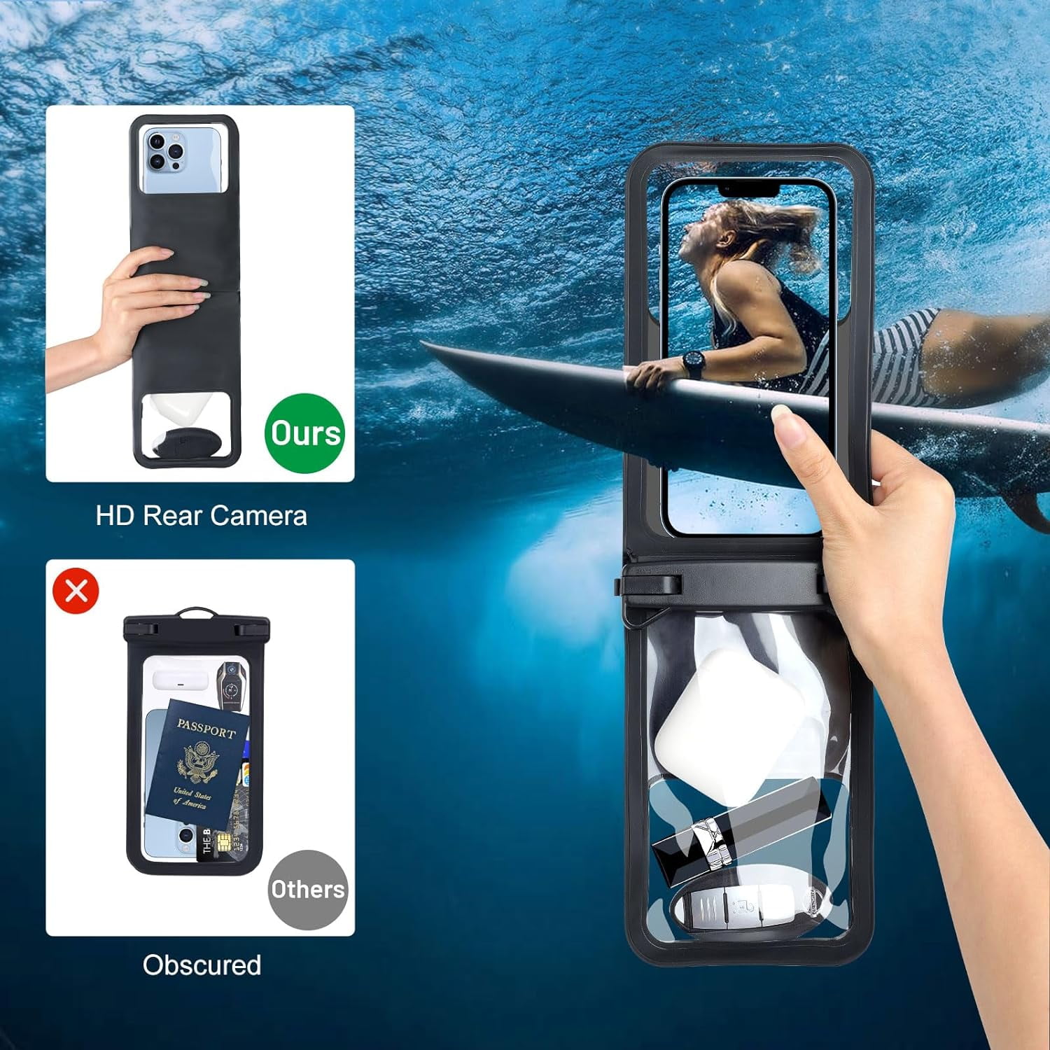 TJS [2 Pack] Up to 7" Double Space Waterproof Phone Pouch Bag with Lanyard, IPX8 Waterproof Cellphone Dry Bag Case for iPhone 15 Pro Max 14 Pro 13 12 Galaxy S23 Ultra S22 Series (Black+Black)
