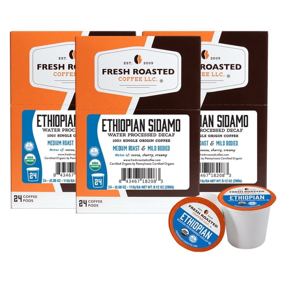 Fresh Roasted Coffee, Organic Ethiopian Sidamo Swiss Water Decaf, Medium Roast, K-cup Compatible, 72 Count