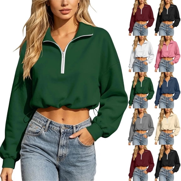 YanHoo Womens Cropped Sweatshirts Quarter Zipper Lapel Pullover Tops Classic Fit Long Sleeve Sweatshirt
