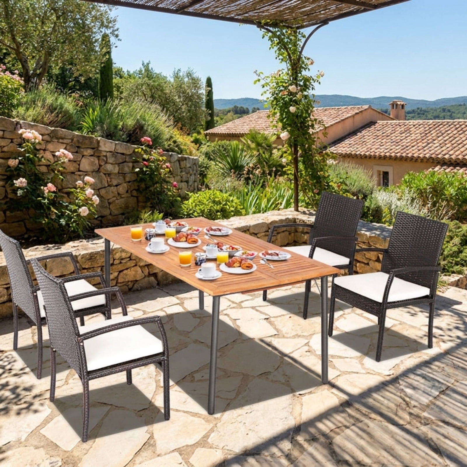 Furnibear 5 Pieces Patio Wicker Cushioned Dining Set Outdoor Conversation Set with Umbrella Hole Table and Acacia Wood Chairs, Mix Brown