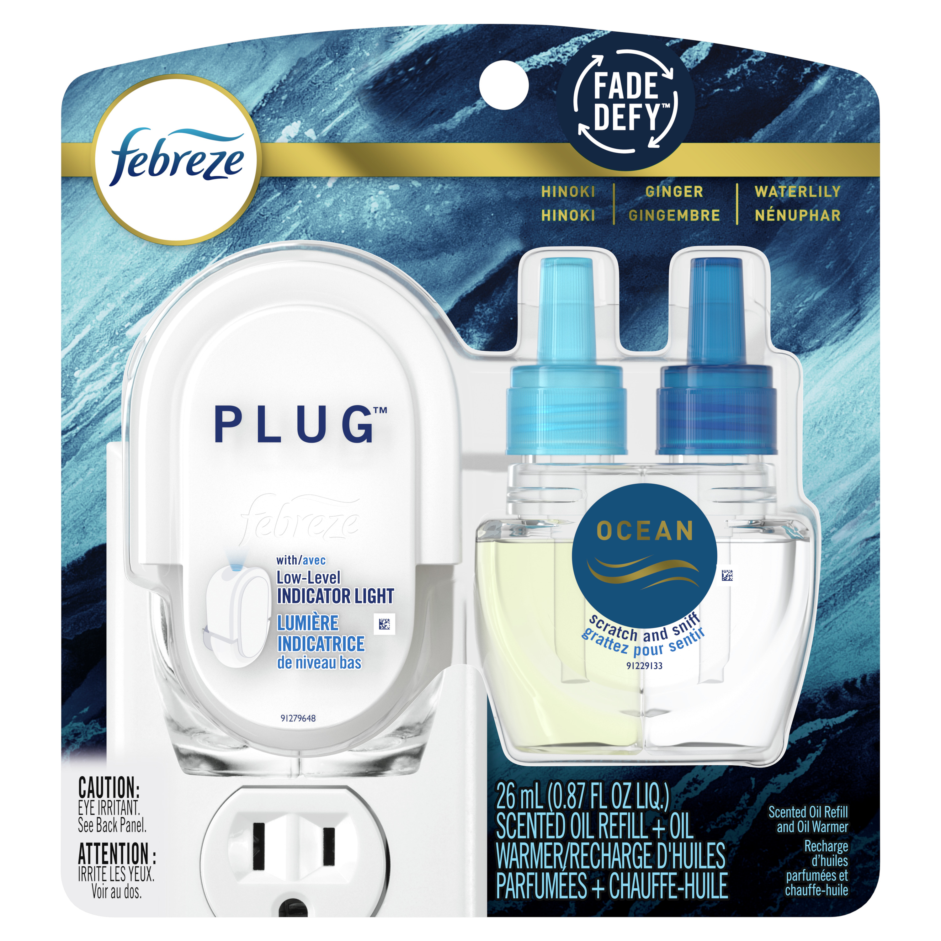 Febreze Plug In Air Freshener, Odor-Fighting Scented Oil Starter Kit, Ocean Scent, Warmer + 1 Refill