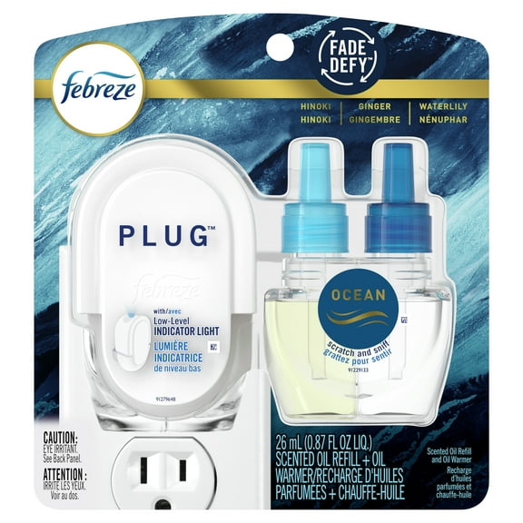 Febreze Plug In Air Freshener, Odor-Fighting Scented Oil Starter Kit, Ocean Scent, Warmer   1 Refill