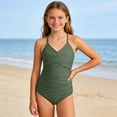 thumbnail image 4 of Wuxian Baby Girl 2 Piece Swimsuit Tankini Sets Back Cross Adjustable Strap Front Ruched V-Neck Solid Color Tank Top Floral Print Bathing Suit Fashionable Cozy Swimwear,Green,9-10 Years, 4 of 6