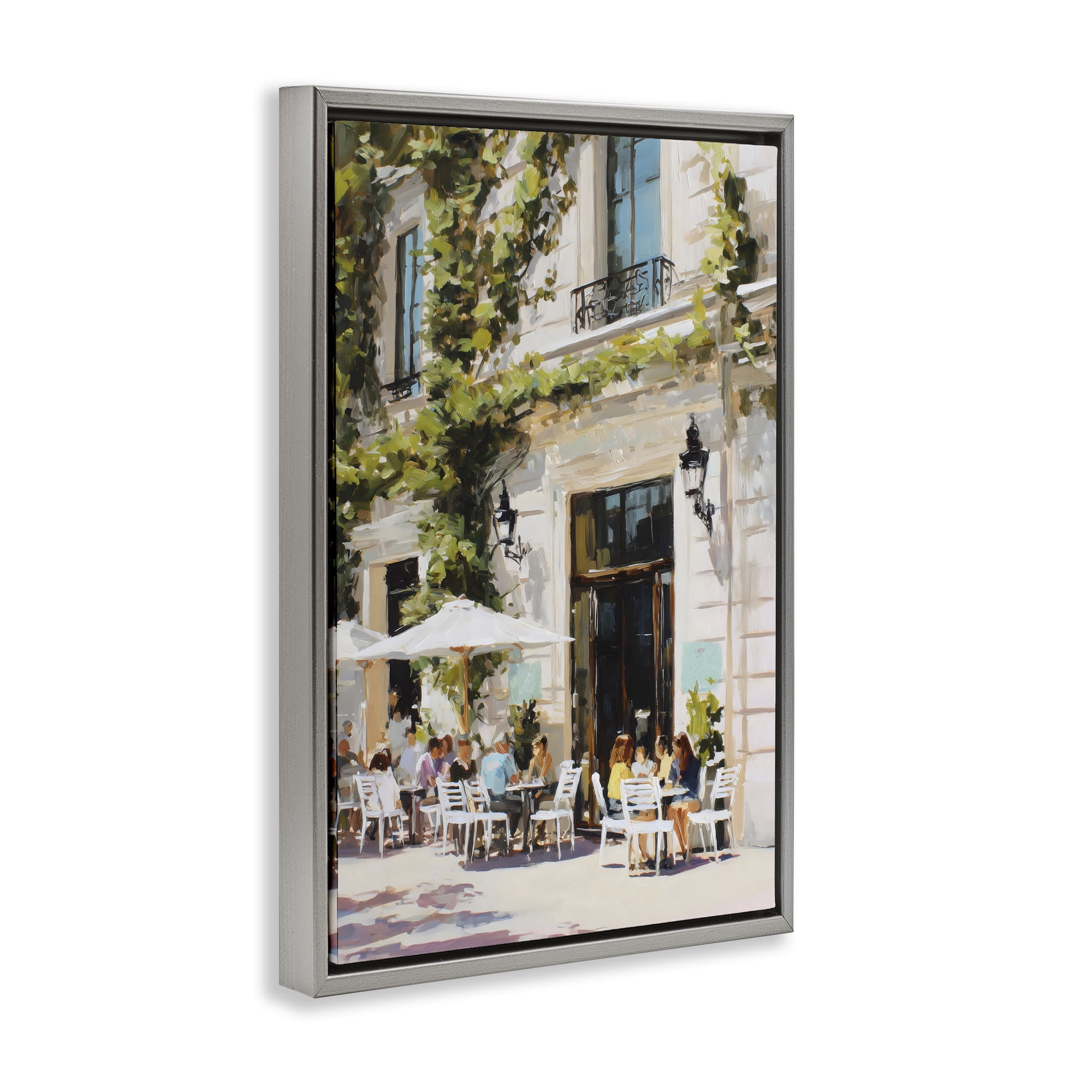 Stupell Industries Streetside Cafe Terrace with Ivy Gray Framed Floater Canvas Wall Art, design by Petal Prints Design