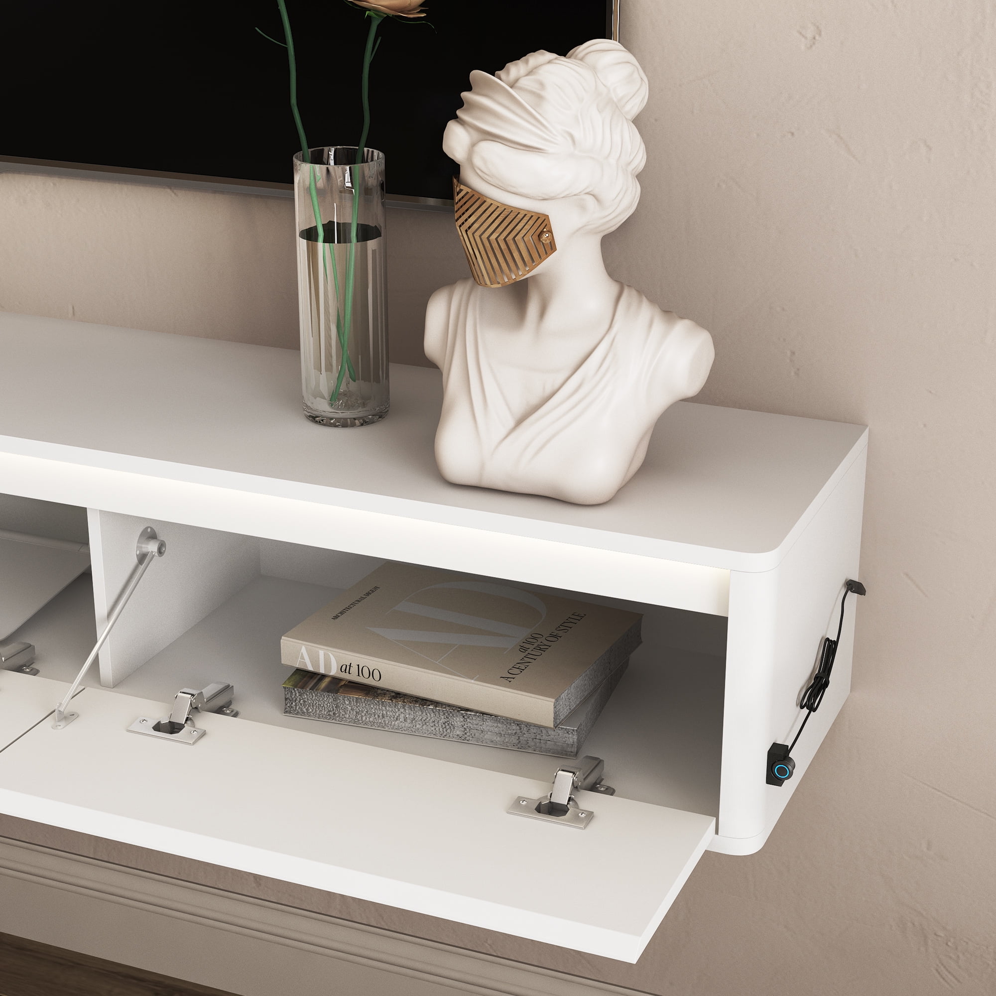 Aukfa Floating TV Stand for TVs up to 75",Wall Mounted TV Shelf High Gloss TV Cabinet with Led Lights & Power Outlet,White