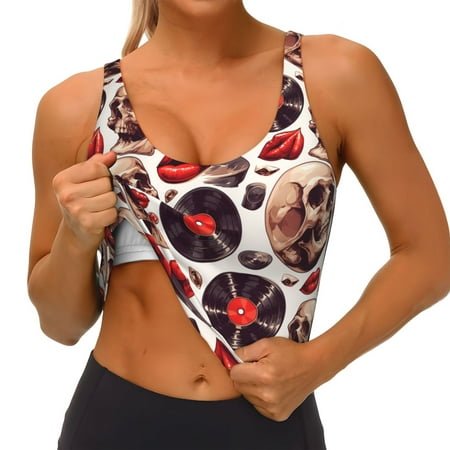 Qokaie record lips Skull Pattern Womens Scoop Neck Sports Bra Breathable Workout Vest Padded U Back Medium Impact Fitness Gym Yoga Bra Workout Crop Top