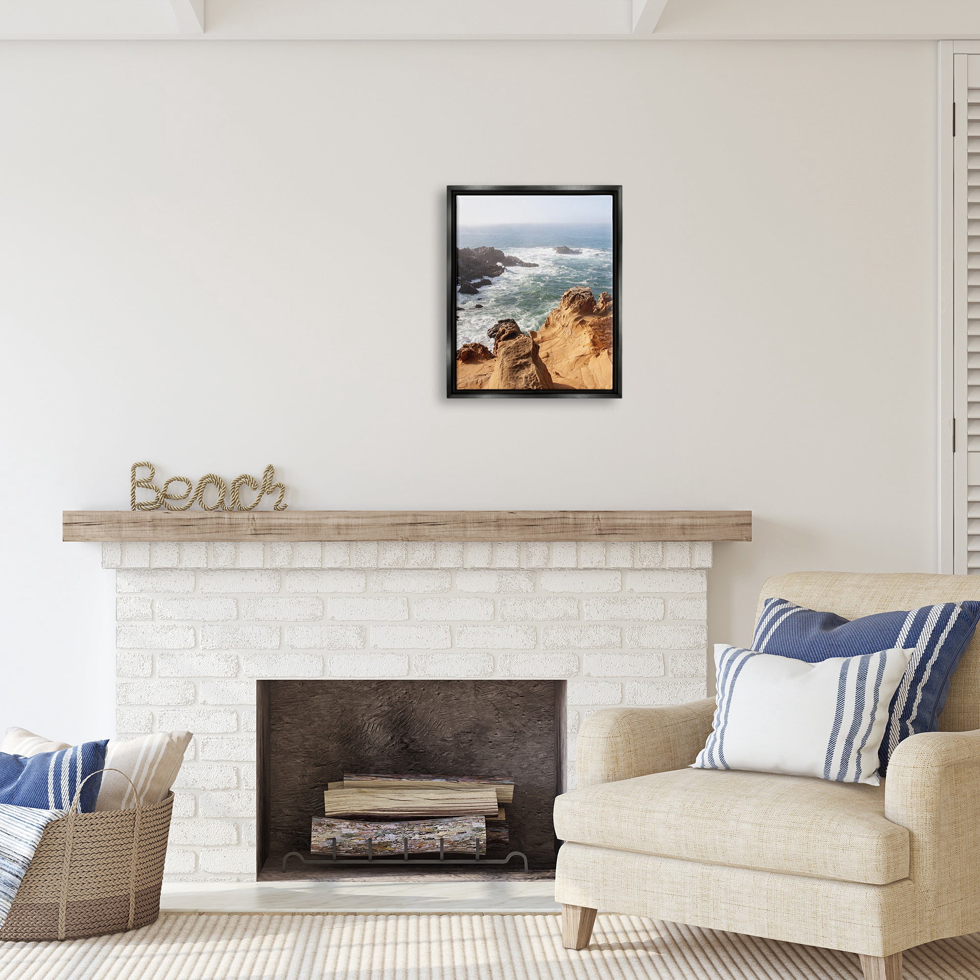 Stupell Industries Sea Cove Splashing Waves Landscape Photography Black Floater Framed Canvas Art Print Wall Art, 17 x 21