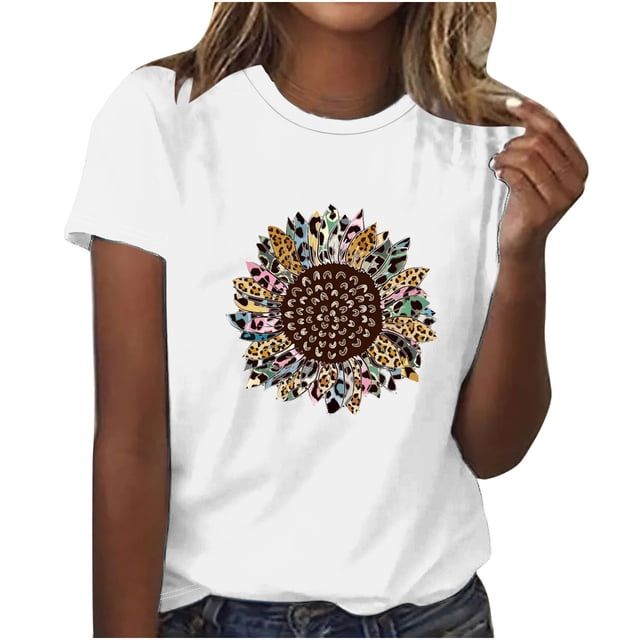 Womens Casual Print Pullover Round Neck Short Sleeved Top
