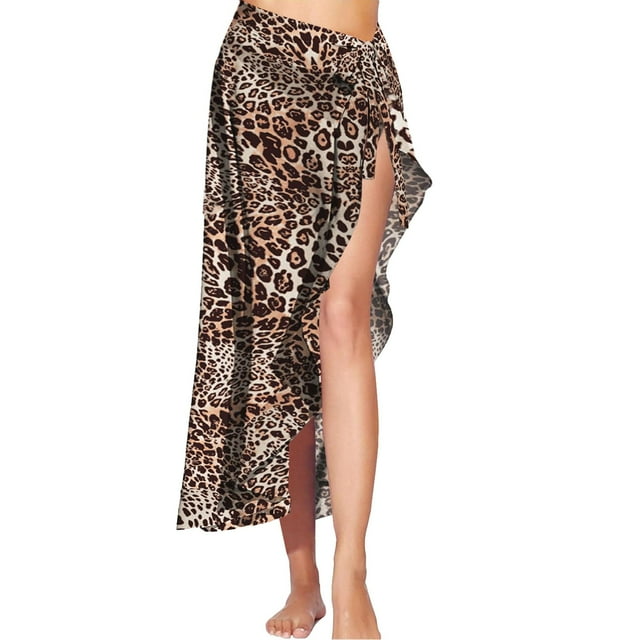 ManxiVoo Flowy Chiffon Beach Cover Up Sarong Wrap Skirt Swimwear Accesory with Ruffle L Size Coffee