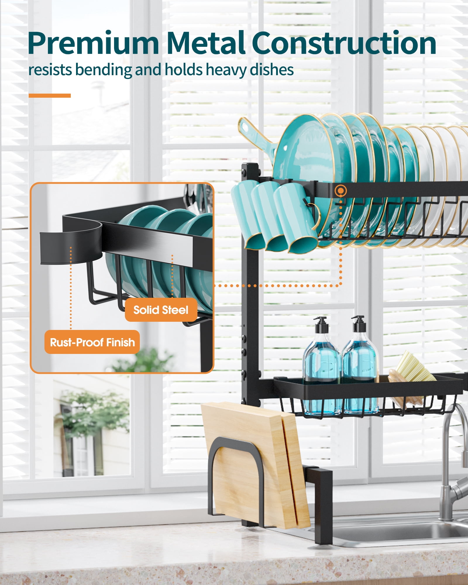 Sakugi Over The Sink Dish Drying Rack, 30" -33.9" L x 11" W x 21" H Expandable Dish Drainer, Stainless Steel Dish Rack, Black