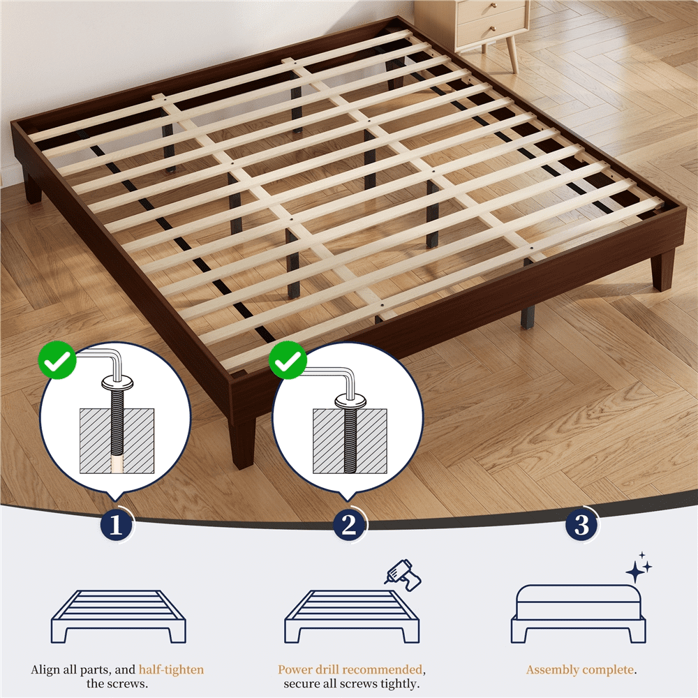 Yaheetech Queen Size Solid Wood Platform Bed Frame with Slat Support, Dark Walnut
