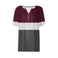 thumbnail image 5 of Women's Color Block T-shirts Buttons V Neck Short Sleeve Striped Summer Tops July 4th Festive Tshirts (XL, Wine), 5 of 5