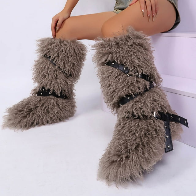 Bottes Grises pour Femmes, Mi-Mollet, Chaudes, avec Intérieur Peluche et Sans Talon, Protection Hivernale, Hauteur Genou, Bout Rond, Fermeture à Lacets, Usage Extérieur