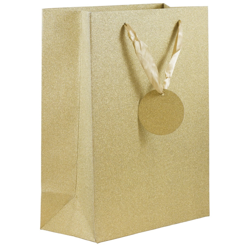 JAM Glitter Gift Bags, Large, 10 x 13 x 5, Gold, 12/Pack