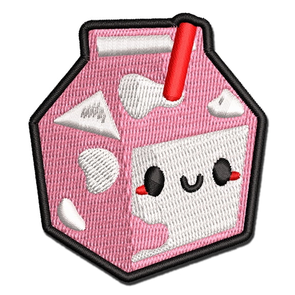 Cute Kawaii Strawberry Milk Carton Applique Multi-Color Embroidered Iron-On Patch - 2.5 Inch Small