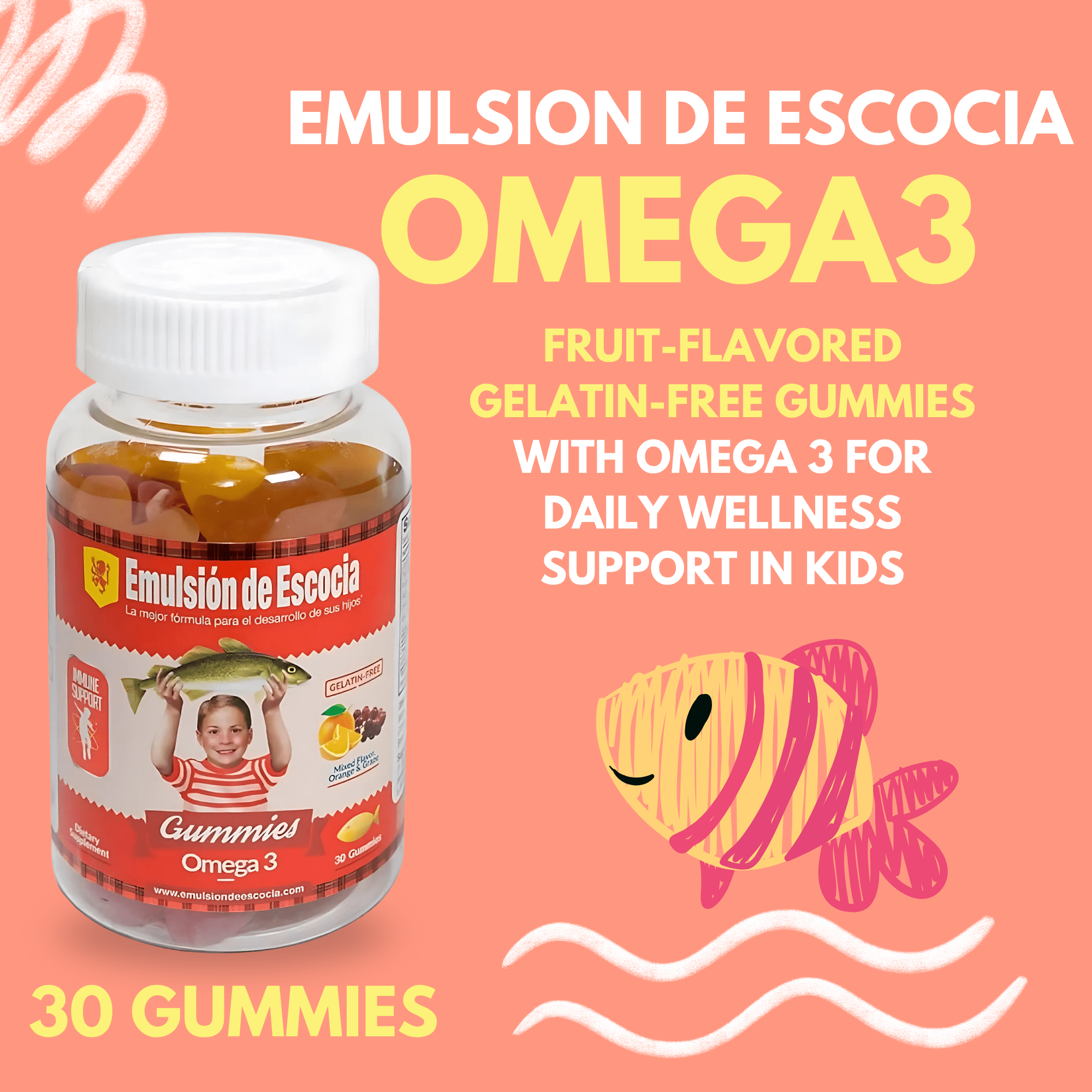Emulsion de Escocia Kids Omega 3 Gummies, 30 Ct – Fruit Flavor (3-Pack)