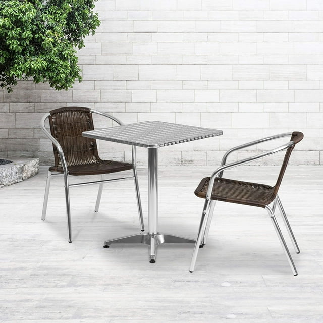 Juego De Mesa Cuadrada De Aluminio Para Interior Y Exterior De 23,5'' Con 2 Sillas De Ratán Marrón Oscuro
