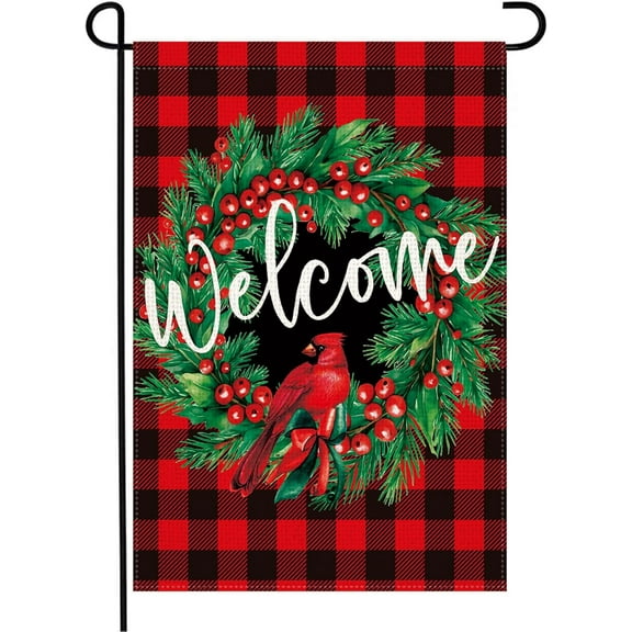 Double Sided Welcome Christmas Flag 12x18 Inch Burlap Buffalo Plaid Red Cardinal Holly Berry Wreath Xmas Winter Yard Decor