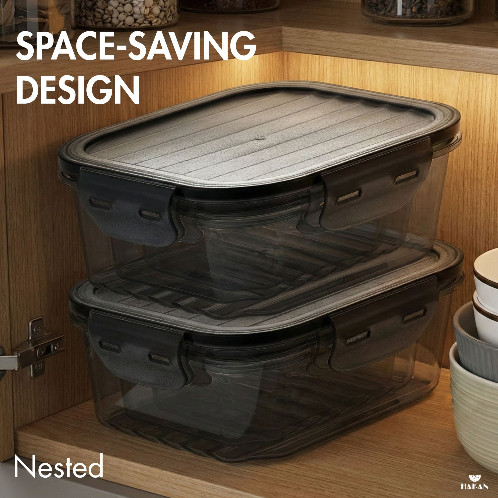 6-Pack Food Storage Containers, Airtight Locking Lids, Stackable Leakproof Prep Boxes, Clear Black