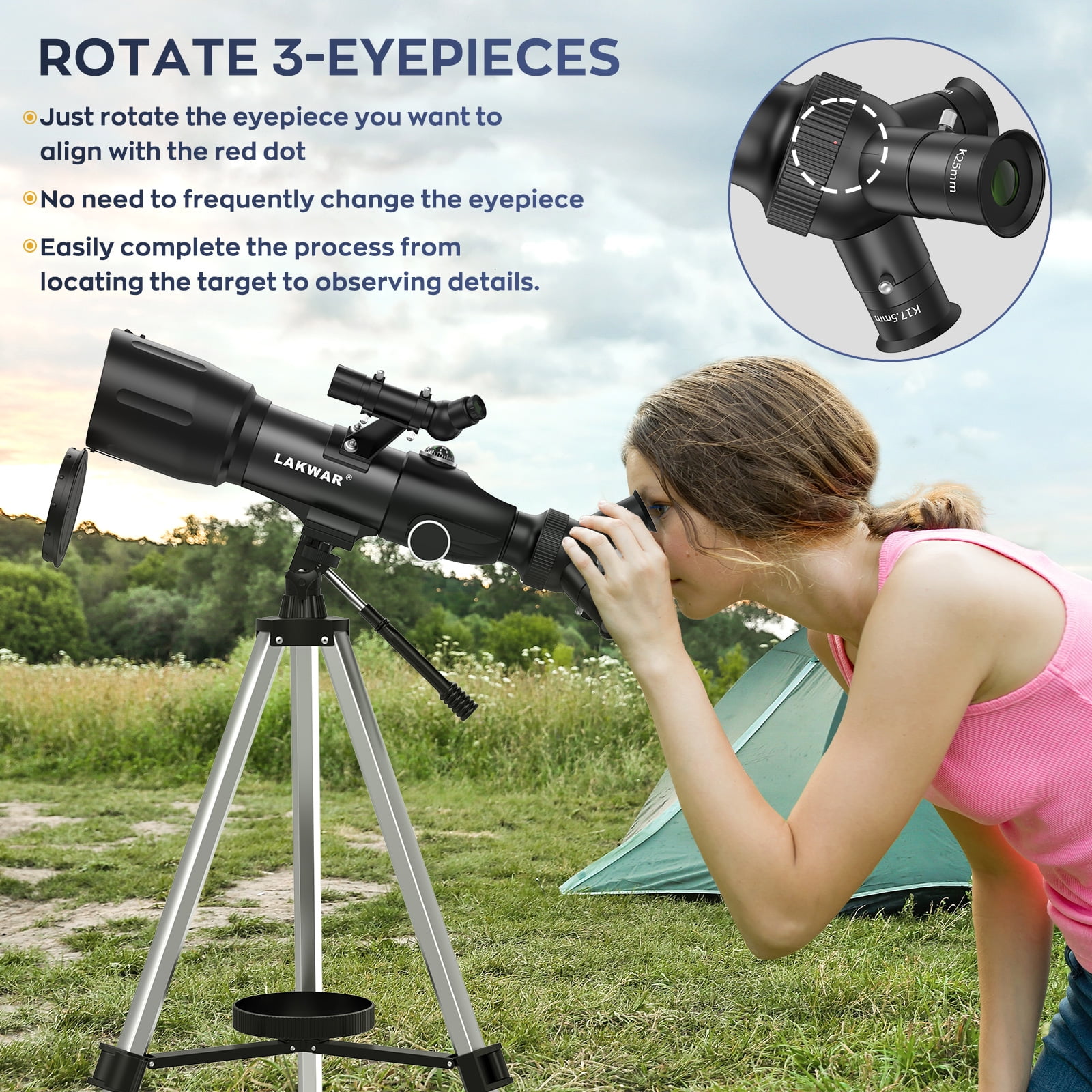 Telescopes for Astronomy Adults, LAKWAR 70mm Aperture High Powered Refracting Telescope Beginners, Portable Telescope with 49in Tripod for Planets and Stars