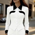 thumbnail image 2 of ManxiVoo Women's Long Sleeve Shirt Color Block Tailored Slim Fit Blouse for Workday Chic Style XL Size White, 2 of 4