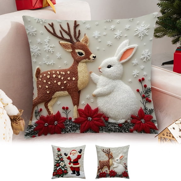 2 Pack Linen Elk and Rabbit Designs Christmas Pillow Cover with Festive Printed Patterns for Sofa Bed Living Room Holiday Decor(2pc)