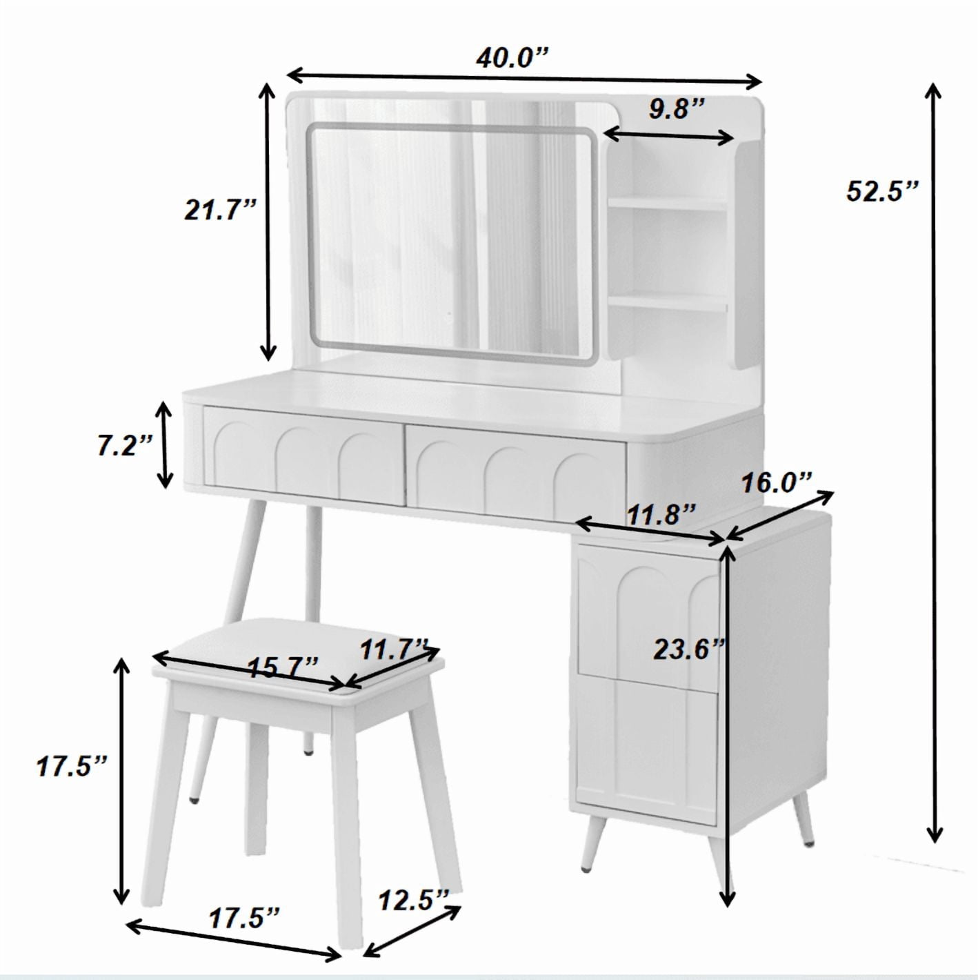 Makeup Vanity Desk LED Mirror 4 Drawers Dimmable Lights Stool White Space Saving