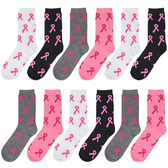 12 Pairs Women's Crew Socks Fancy Novelty Designed Size 9-11 Multicolor Assorted Pink Ribbon Awareness