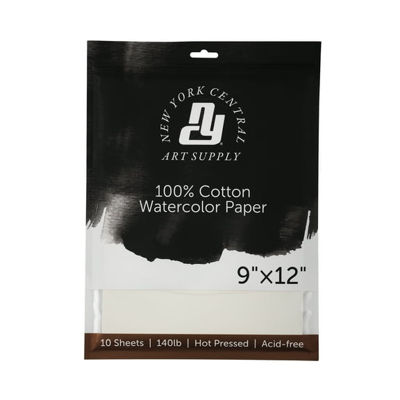New York Central Watercolor Paper Sheets, 9x12 Inch, 140lb Hot Press, Pack of 10 - Professional Grade, Acid-Free, Archival - For Wet and Dry Media