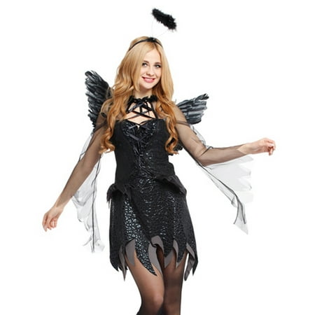 Women's Dark Angel Costume with Elegant Black Dress & Accessories,M